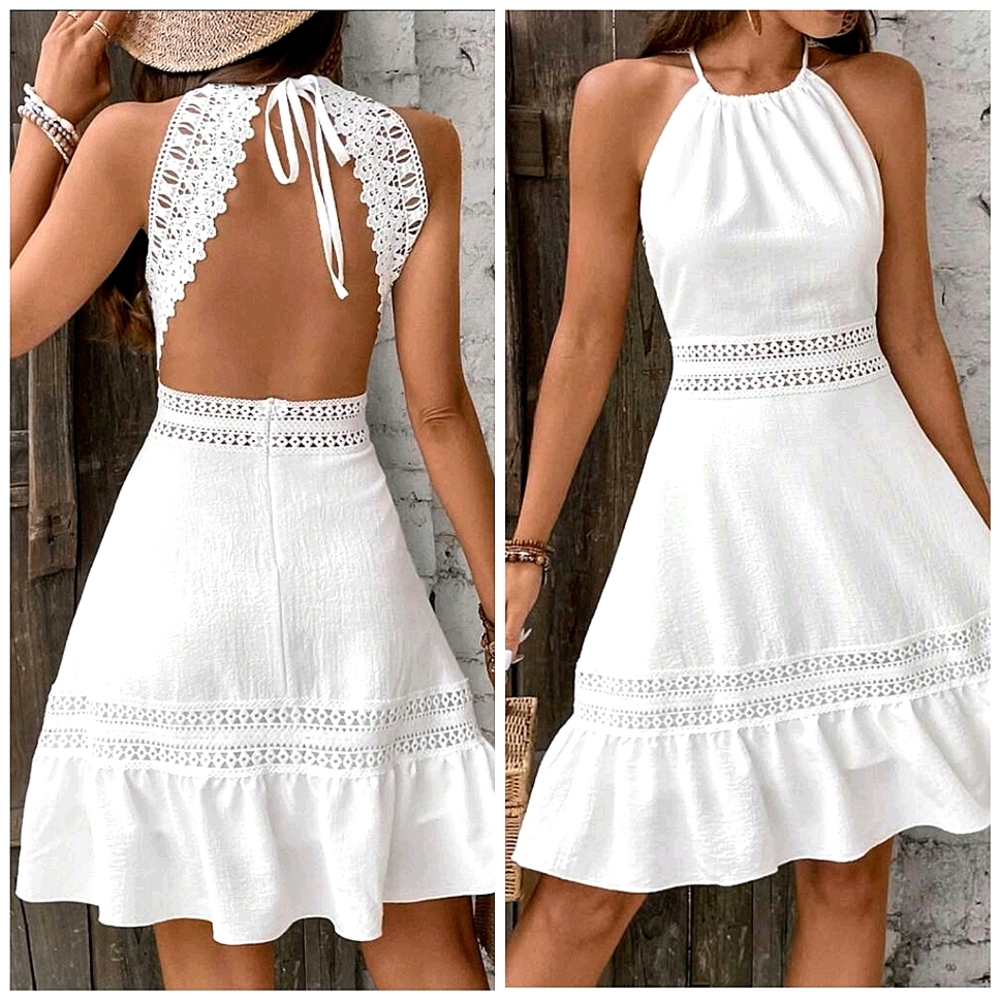 NEW Boho Backless Lace Halter Ruffle Short Dress White